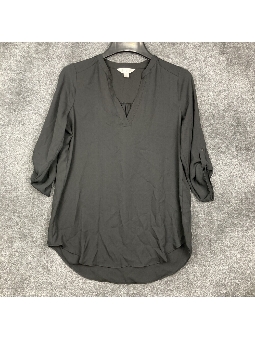 Decree Womens Size Small Black Sheer 3/4 Roll Tab Sleeve V-Neck Blouse Top EUC